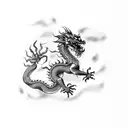 chinese dragon wispy, whimsical, black and grey, fine line work, black paint strokes, floral, vines tattoo design idea