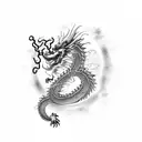 chinese dragon wispy, whimsical, black and grey, fine line work, black paint strokes, floral, vines tattoo design idea