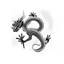 chinese dragon wispy, whimsical, black and grey, fine line work, black paint strokes, floral, vines tattoo design idea