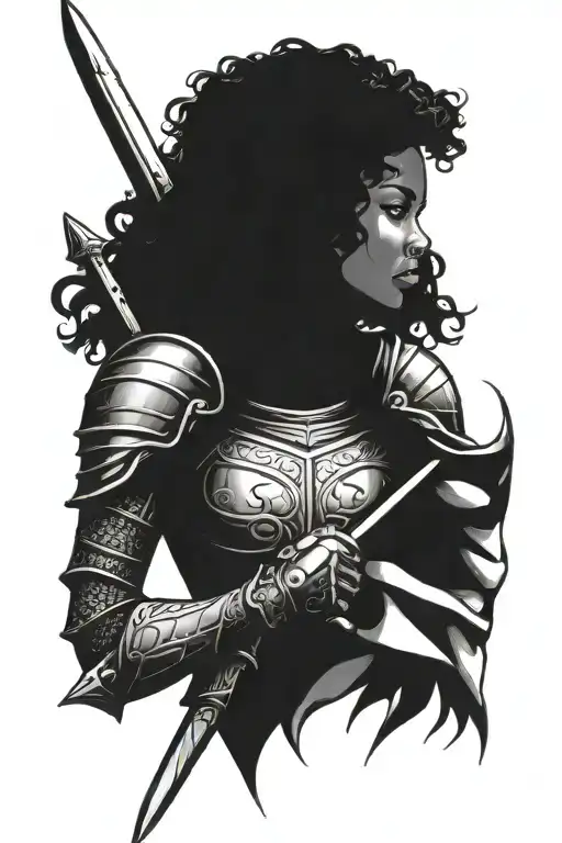 black female knight holding sword over shoulder tattoo design idea