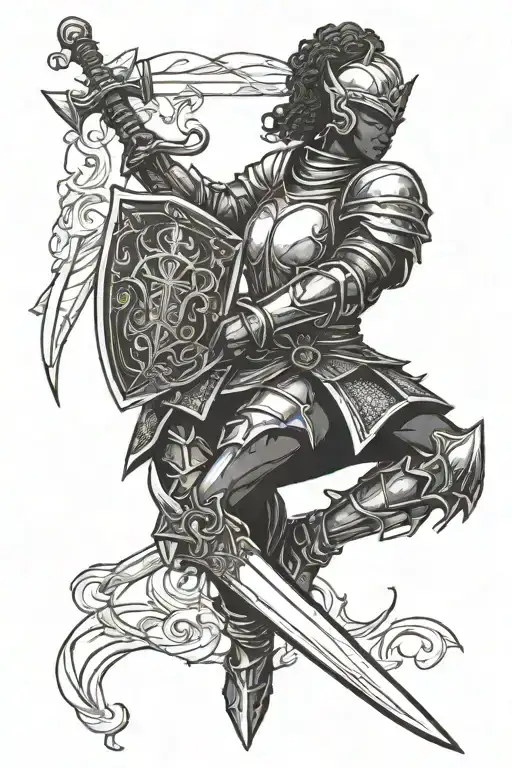 black female knight holding sword over shoulder, have her be backing the viewer tattoo design idea