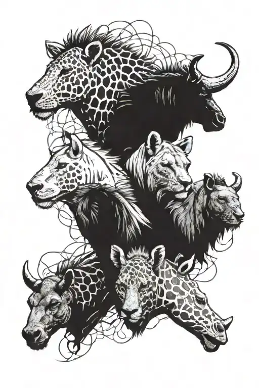 collage of animal heads giraffe, lion, rhino, alligator tattoo design idea