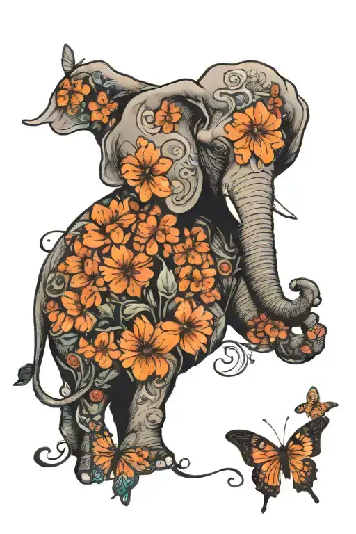 elephant and butterfly emerging tattoo design idea