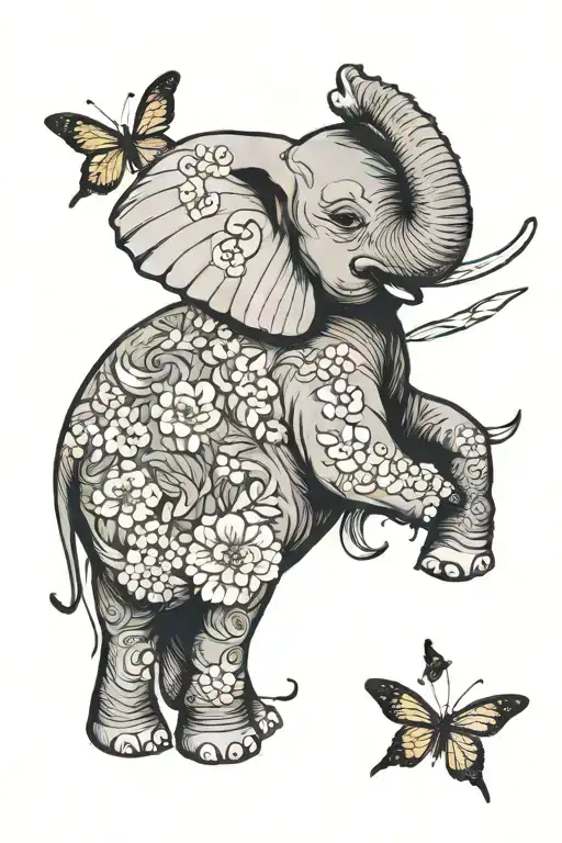 an elephant but the ears are butterfly wings and then the wings go down past the trunk and turn into a dolphin tattoo design idea