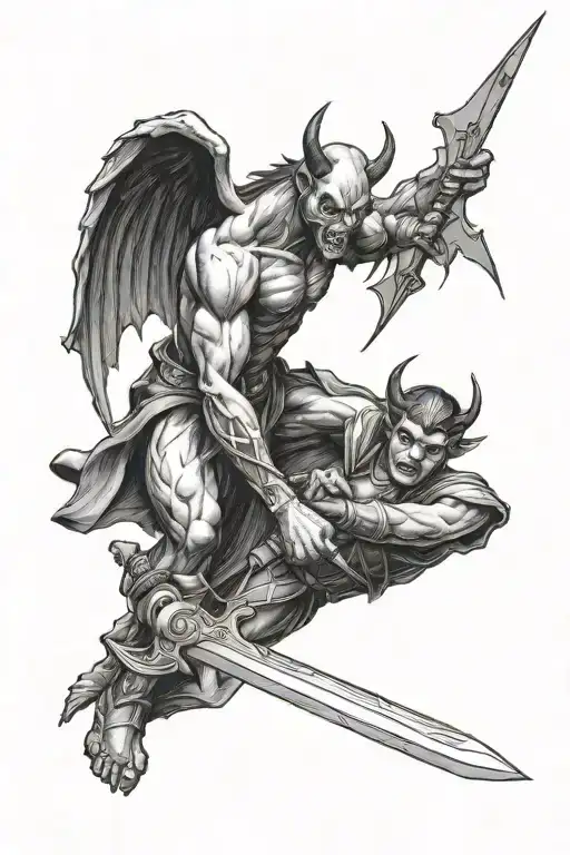 devil holding sword smighting an angel gothic black and white tattoo design idea