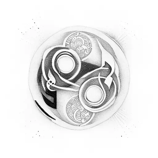A yin-yang symbol made up of musical instruments and philosophical symbols, showcasing the interconnectedness of music and philosophy. tattoo design idea