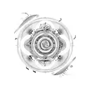 A yin-yang symbol made up of musical instruments and philosophical symbols, showcasing the interconnectedness of music and philosophy. tattoo design idea