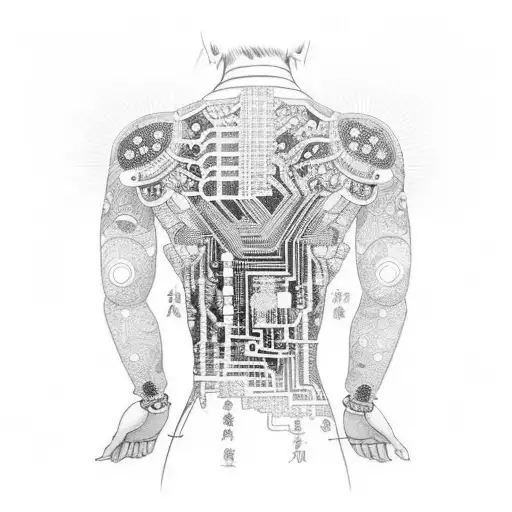 Japanese style back tattoo featuring a cybernetic geisha with intricate circuitry patterns tattoo design idea