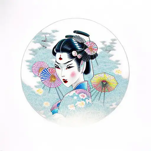 Geisha holding a cybernetic parasol, surrounded by traditional Japanese cherry blossoms tattoo design idea