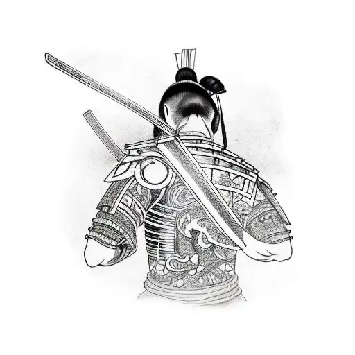 Samurai warrior with a traditional Japanese back tattoo, adorned with futuristic cybernetic enhancements tattoo design idea