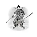 Samurai warrior with a traditional Japanese back tattoo, adorned with futuristic cybernetic enhancements tattoo design idea