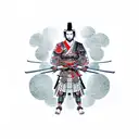 Samurai warrior with a traditional Japanese back tattoo, adorned with futuristic cybernetic enhancements tattoo design idea