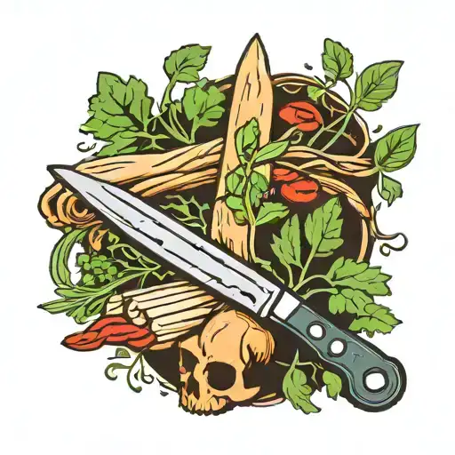 chefs knife surrounded by cilantro tattoo design idea