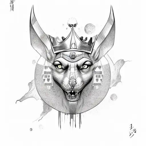 anubis with crown in the head and egyp in the bottom with drop of blood in neck tattoo design idea
