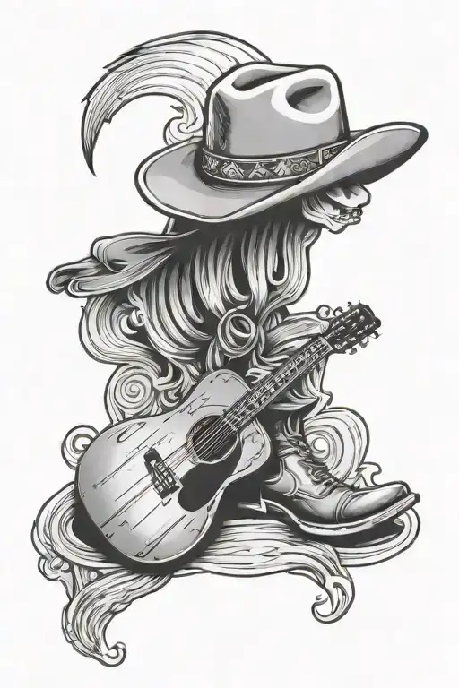 acoustic guitar with cowboy boots and cowboy hat sitting at the base tattoo design idea