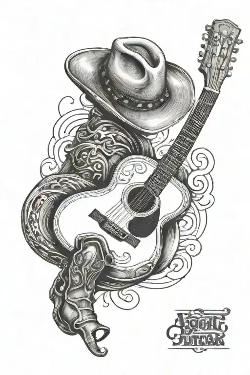 acoustic guitar with cowboy boot and cowboy hat sitting at the base tattoo design idea