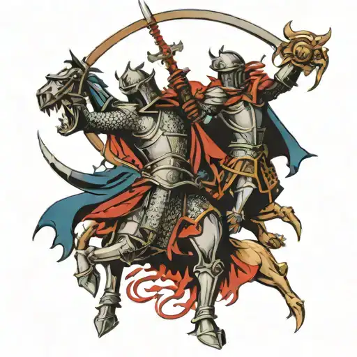 medieval sciptures of knights fighting demons tattoo design idea