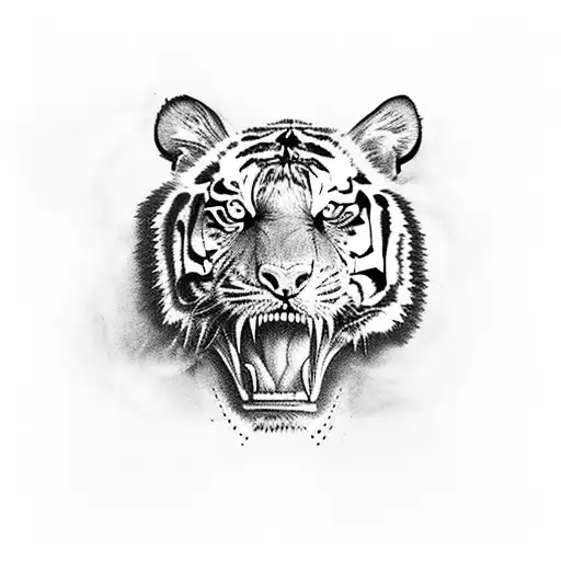 A tiger emerging from a cloud of smoke with a skull in its jaws tattoo design idea