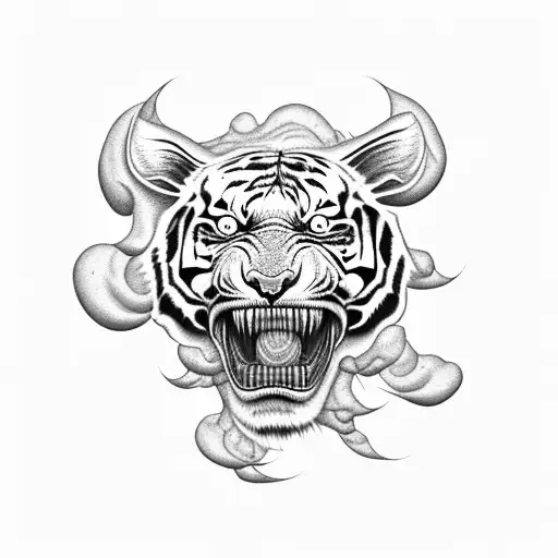 A tiger emerging from a cloud of smoke with a skull in its jaws tattoo design idea