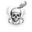 A skull surrounded by swirling clouds and smoke tattoo design idea