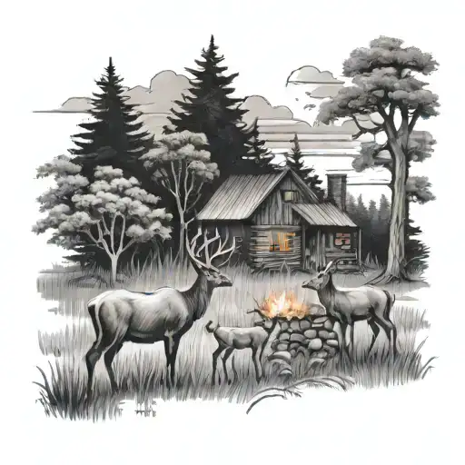A family of deer in a peaceful countryside setting, with a small cabin and a group of friends enjoying a bonfire tattoo design idea