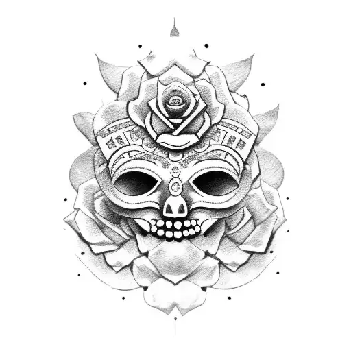 Mayan mask with bleeding roses tattoo design idea