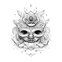 Mayan mask with bleeding roses tattoo design idea