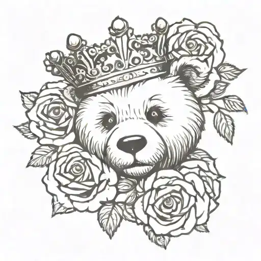 Teddy bear head with a crown and rose intertwined tattoo design idea