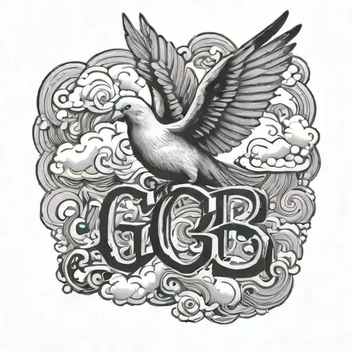 a dove in the clouds holding the letters G B  tattoo design idea