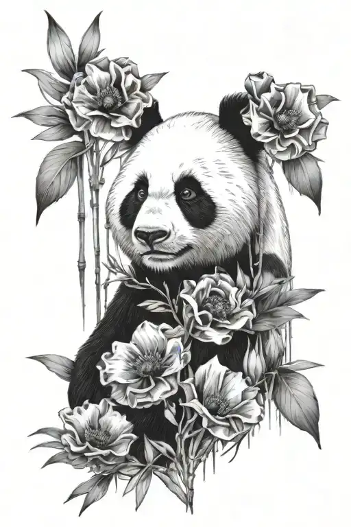 upper body fading panda with red poppy black and white bamboo forest background tattoo design idea