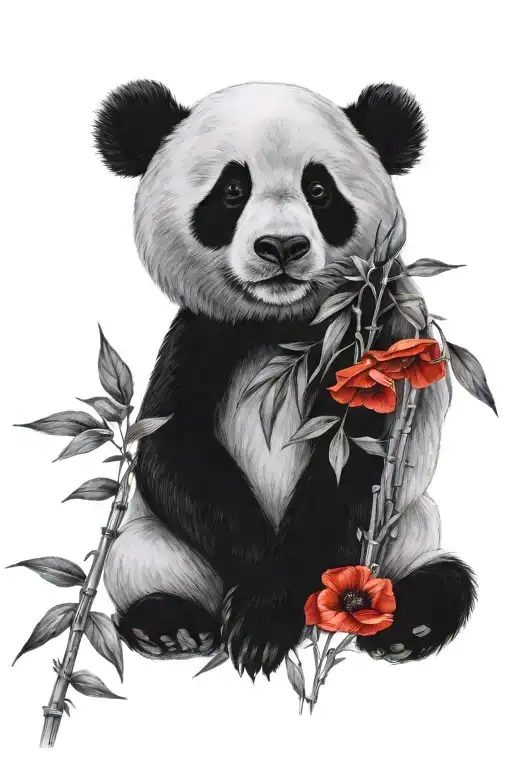 Realistic upper body fading panda with red poppy black and white bamboo forest background tattoo design idea