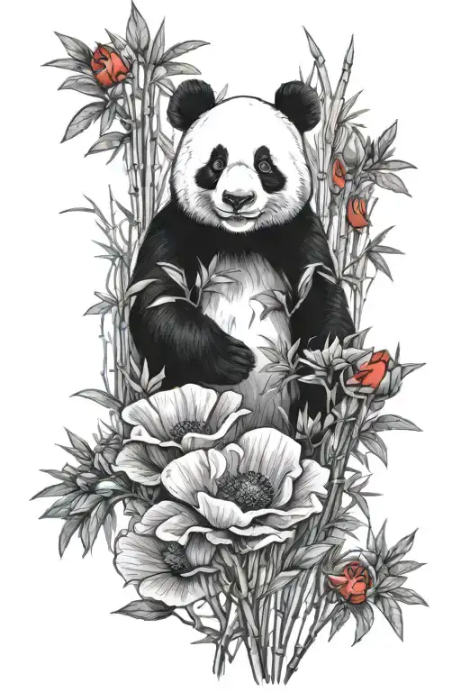 Realistic upper body fading panda with red poppy black and white bamboo forest background tattoo design idea