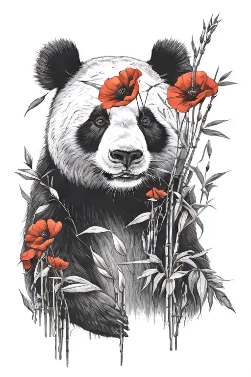 Realistic upper body fading panda with red poppy black and white bamboo forest background tattoo design idea