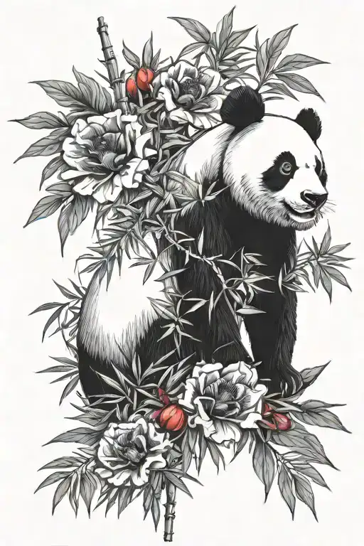 Realistic upper body fading panda with red poppy black and white bamboo forest background tattoo design idea