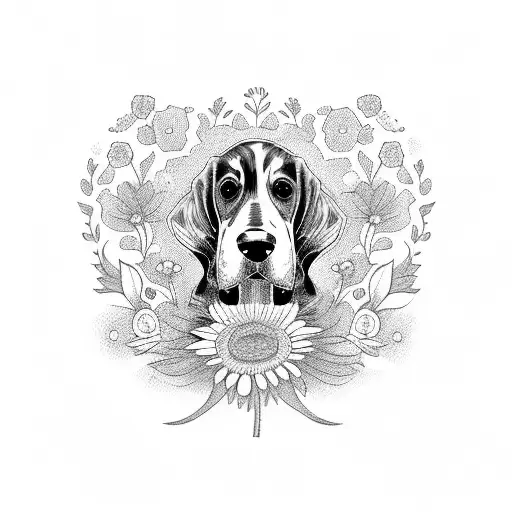 A dotwork tattoo of a basset hound playing in a field of wildflowers tattoo design idea