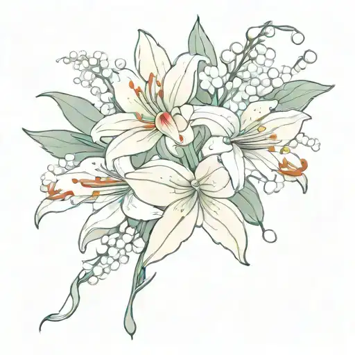 Stargazer Lily Bleeding heart lily of the valley bouquet tattoo design idea