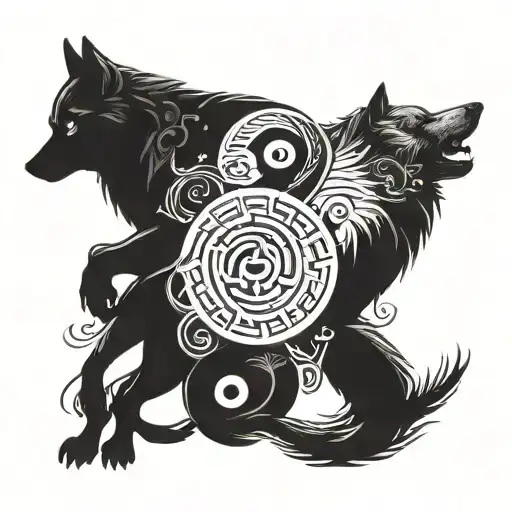 nordic wolves in a yin yang symbol with martial arts poses tattoo design idea