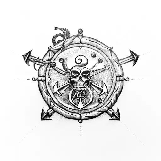 nautical design, black pearl pirate ship, anchor, broken clock, frozen in time tattoo design idea