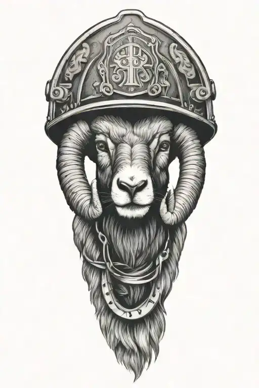 black Ram  wearing American firefighter helmet tattoo design idea