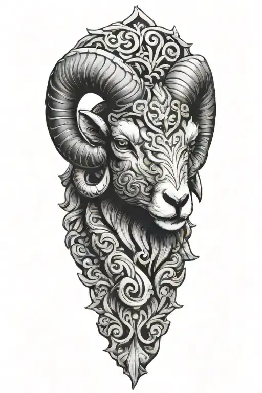 Black Ram head firefighter with Nordic carvings tattoo design idea
