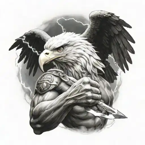 Zeus holding a beam of lightning in his hand, an eagle and a protection called aegis tattoo design idea