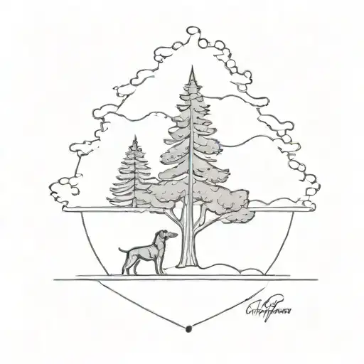 A minimalist tattoo of a majestic pine tree with the silhouette of a Doberman resting at its base, capturing the client's love for nature and their beloved pet tattoo design idea