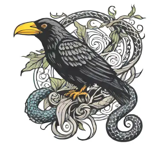 crow and snake coiled tattoo design idea