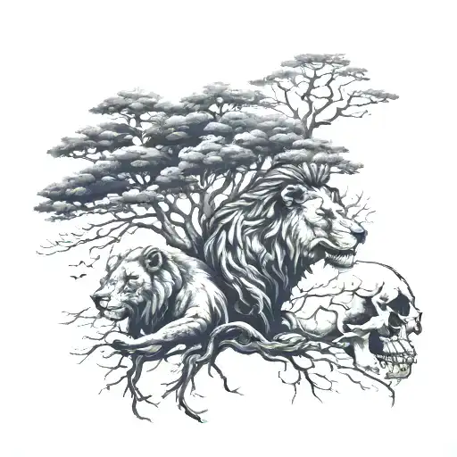 Lion skull and bear skull , family tree, forest, wind blowing tattoo design idea