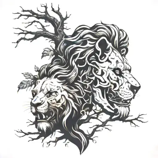 Lion head skull , family tree, forest, wind blowing tattoo design idea