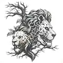 Lion head skull , family tree, forest, wind blowing tattoo design idea