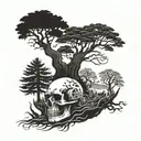 Lion head skull , family tree, forest, wind blowing tattoo design idea