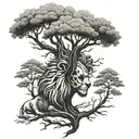 Lion head skull , family tree, forest, wind blowing tattoo design idea