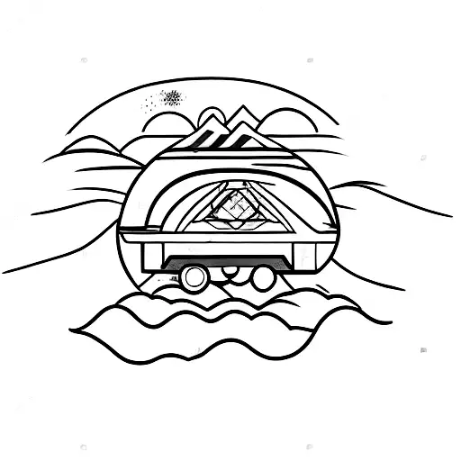 A Caravan with a background of mountains and sun tattoo design idea