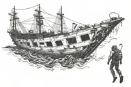 scuba diver exploring a shipwreck, murene tattoo design idea